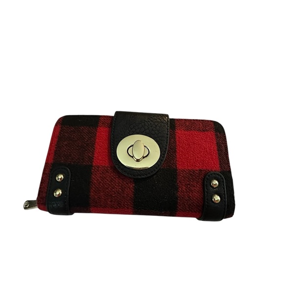 Charming Charlie Handbags - Red and Black Buffalo Plaid Wallet with Turn Lock Gold Tone Hardware